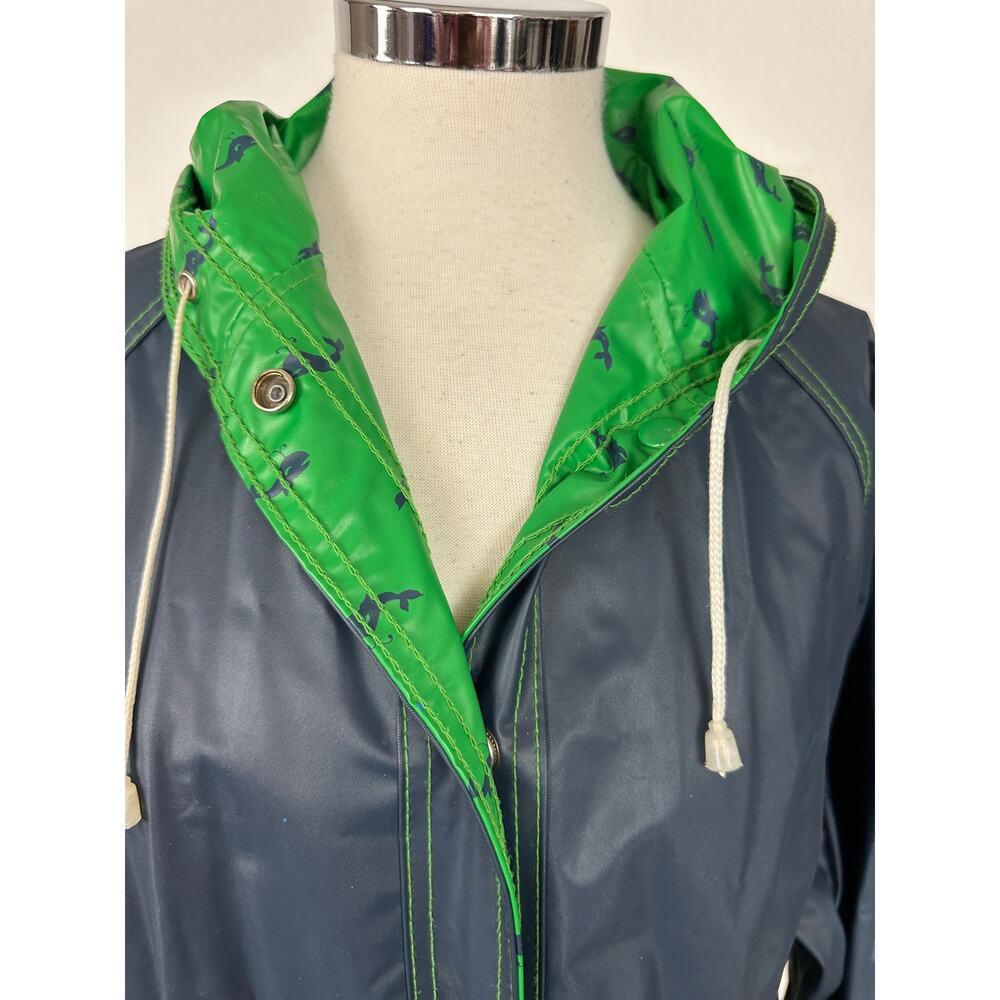 Vintage 1980s M Navy Blue Green Whales Reversible Hooded Raincoat AqueSheen - Picture 9 of 16